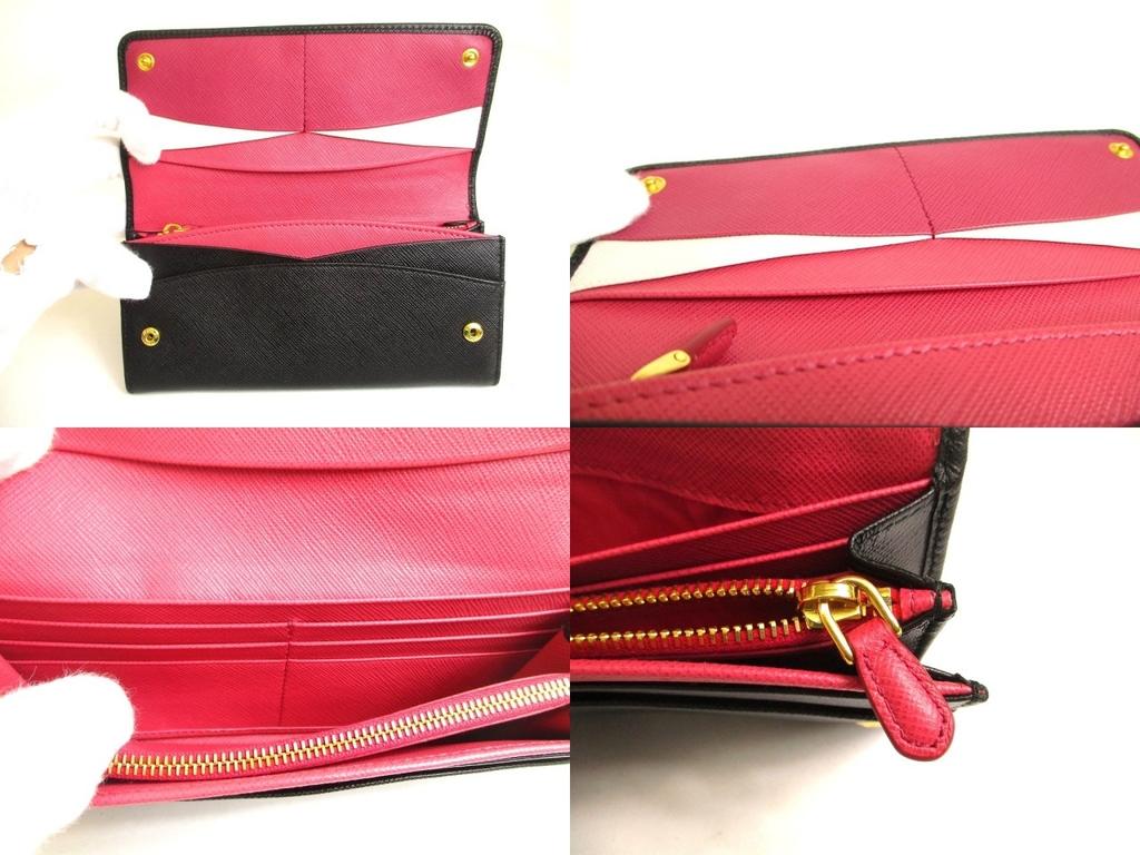 Authentic PRADA Saffiano Black Hibiscus Leather Bifold Long Flap Wallet #a886  Refurbished