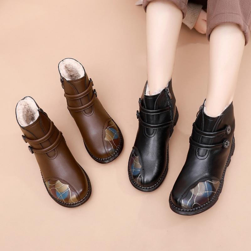 Boty z pravé bavlny z vlny středního věku plus samet pro udržení tepla a neklouzavé kožené boty pro střední a starší osoby Krátké kozačky