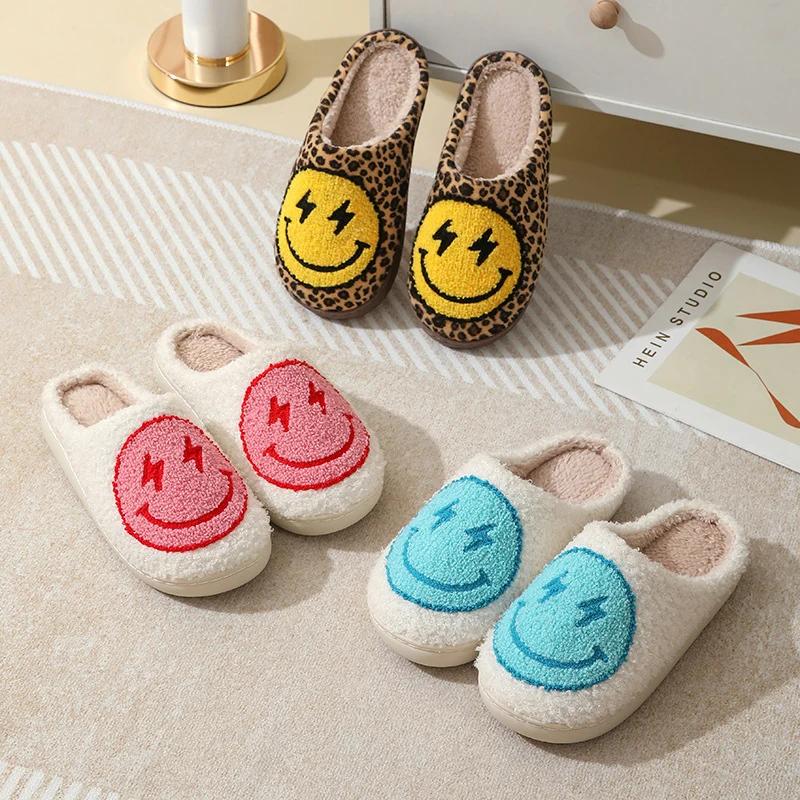 Indoor Leopard Plush Slippers Women Winter Smile Face Warm Fluffy Slippers Women Closed Toe Non-Slip Flat Heel Home Cotton Shoes