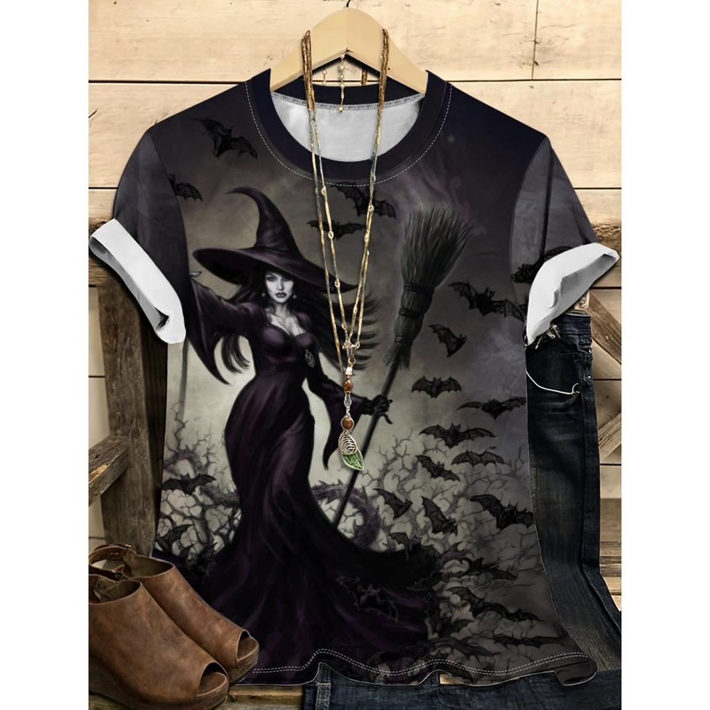 Summer Round Neck 3D Halloween Themed Pattern Print Top Fashionable Casual Short Sleeved Women's T-shirts
