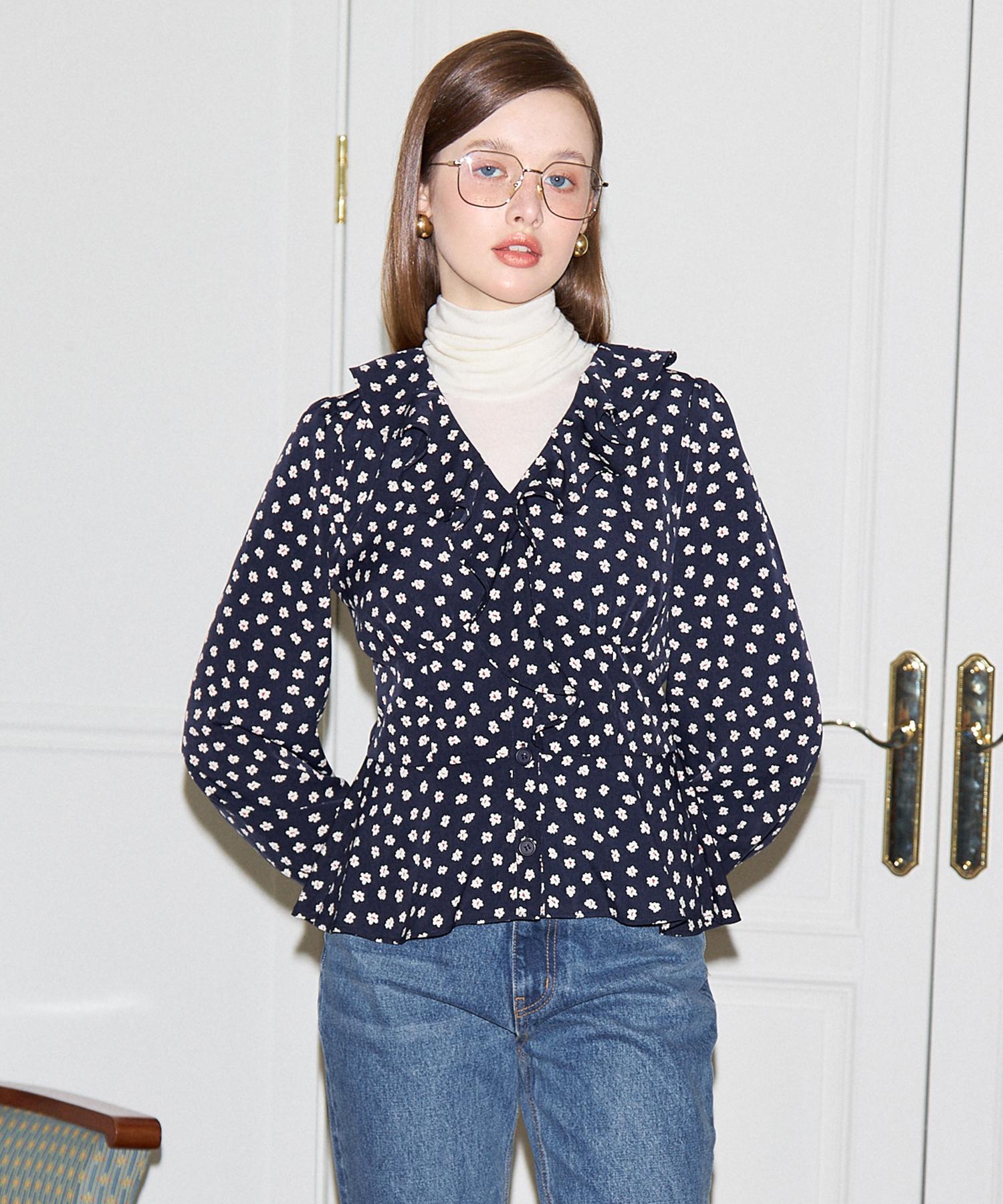 Salon De Yon Puff Shoulder Ruffle Blouse_Navy Navy/M