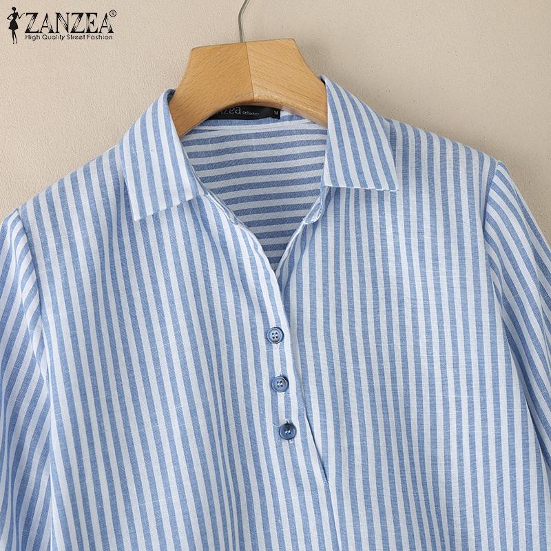 ZANZEA Women Turn Down Collar Loose 3/4 Sleeve Casual Stripe Blouse