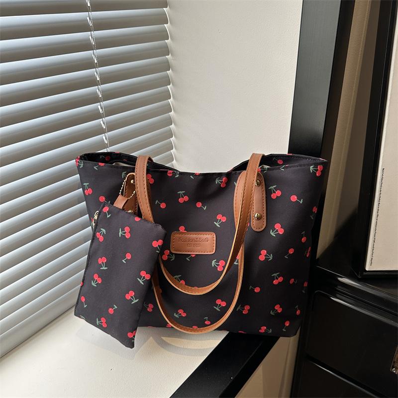 Cherry Print Tote Bag, Large Capacity Shoulder Bag, Matching Small Pouch, Pu Leather Handle, Casual Daily Work Shopping Handbag For Women