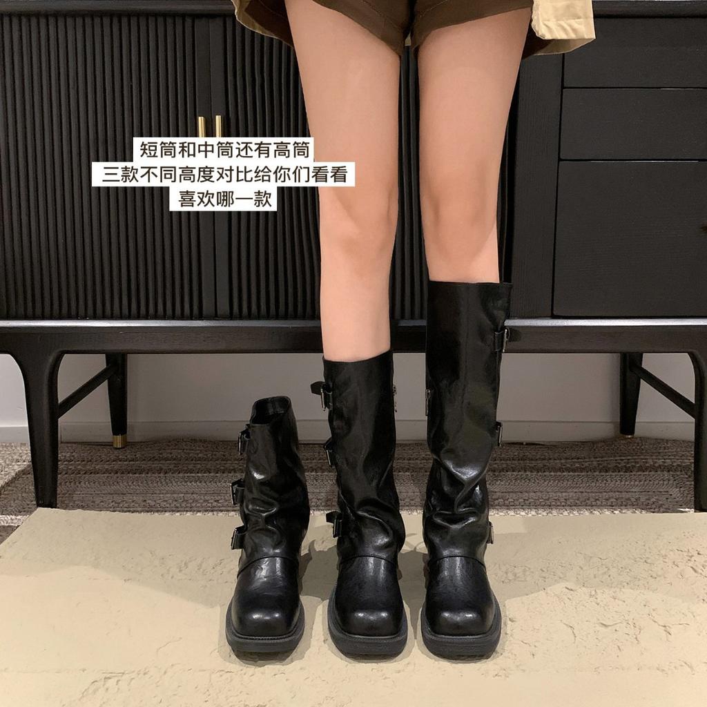 Thick-soled Belt Buckle Pleated Medium Boots Women's 2025 Autumn and Summer New Western Cowboy Short Boots Martin Boots Pant Tube Boots