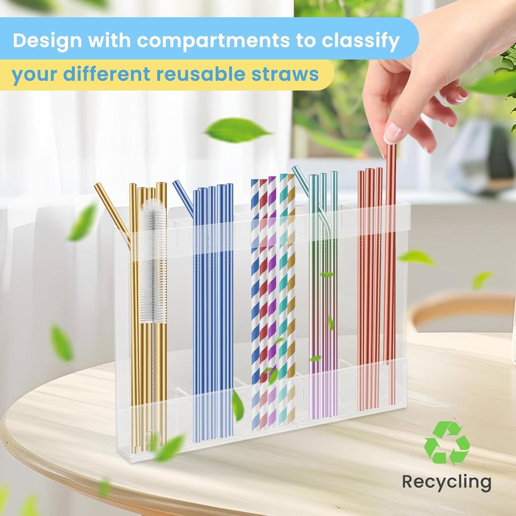 Acrylic Straw Holder for Cabinet, Reusable Straw Organizer with Double Sided Adhesive Tape Tumbler Straws Storage Container for Cupboard Drinking