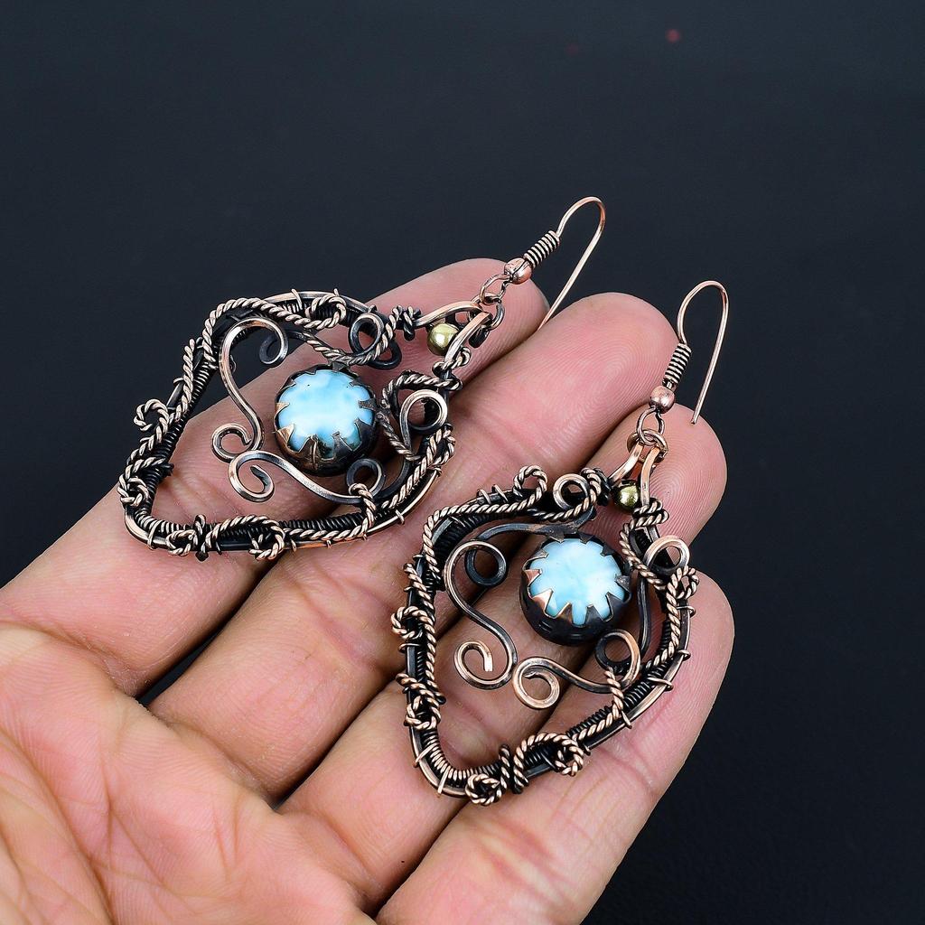 Larimar Earrings, Handmade Gemstone Earrings, 999 Copper Wire Wrapped Earrings Antique Jewelry, For Engagement Gift