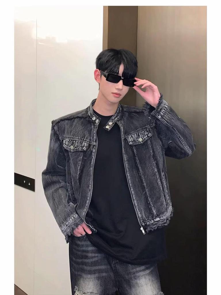 Herren High-End Distressed Denimjacke - Frühling & Herbst Schulterpolster Motorradstil