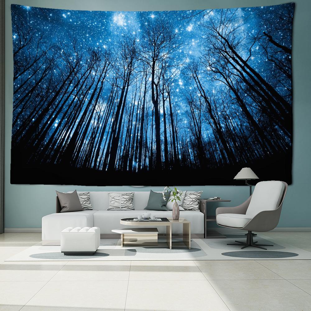 

Темно-синий звездное небо лес гобелен настенный загадочный хиппи ночной вид эстетическая комната богемный декор комнаты 150x100CM