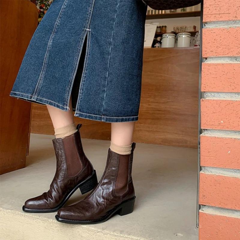 [] Legal Girls~ Square Head Washed Sheepskin Coarse Heel High Heel Elastic Short Boots Women's Skinny Boots