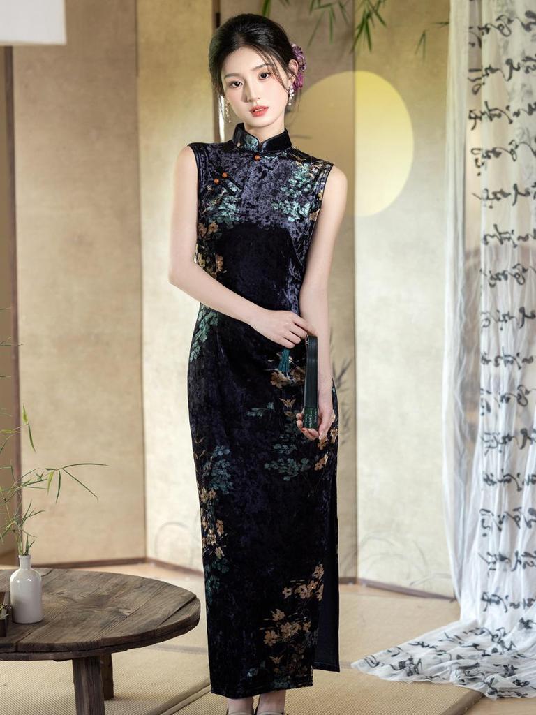 Cheongsam retro din catifea în stil Minguo fără mâneci - Colecția Toamnă 2025, Design de înaltă clasă (Model 7503)