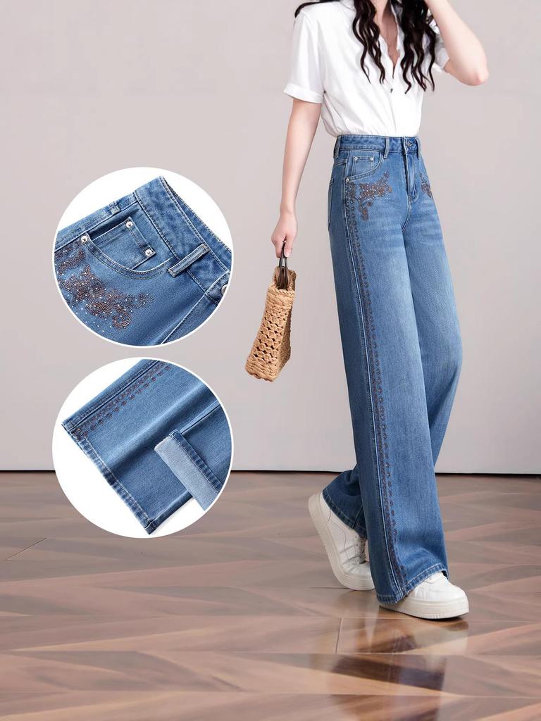 Jeans Évasés Brodés Style Rétro Américain pour Femmes - Collection Printemps/Automne 2026 Pantalons Amples Amincissants Coupe Droite Longueur Cheville Tendance