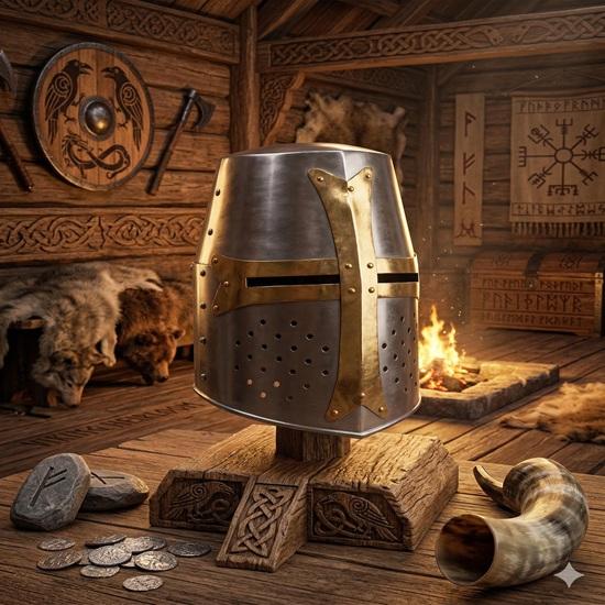 Handmade Medieval Helm  18 Gauge Steel Knights Templar Armor Brass Cross