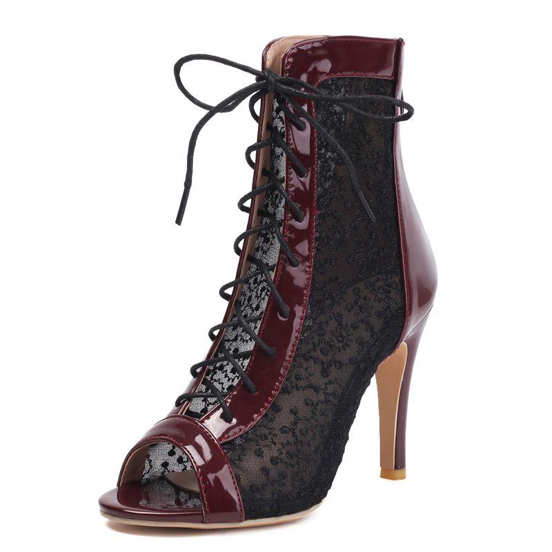 

2025 Сексуальные женские сандалии с открытым носком, на тонком каблуке 10 см, на молнии, шнуровка, дышащая сетка, большие размеры 46 47 48, модные для свиданий, ботильоны 39 вино красного