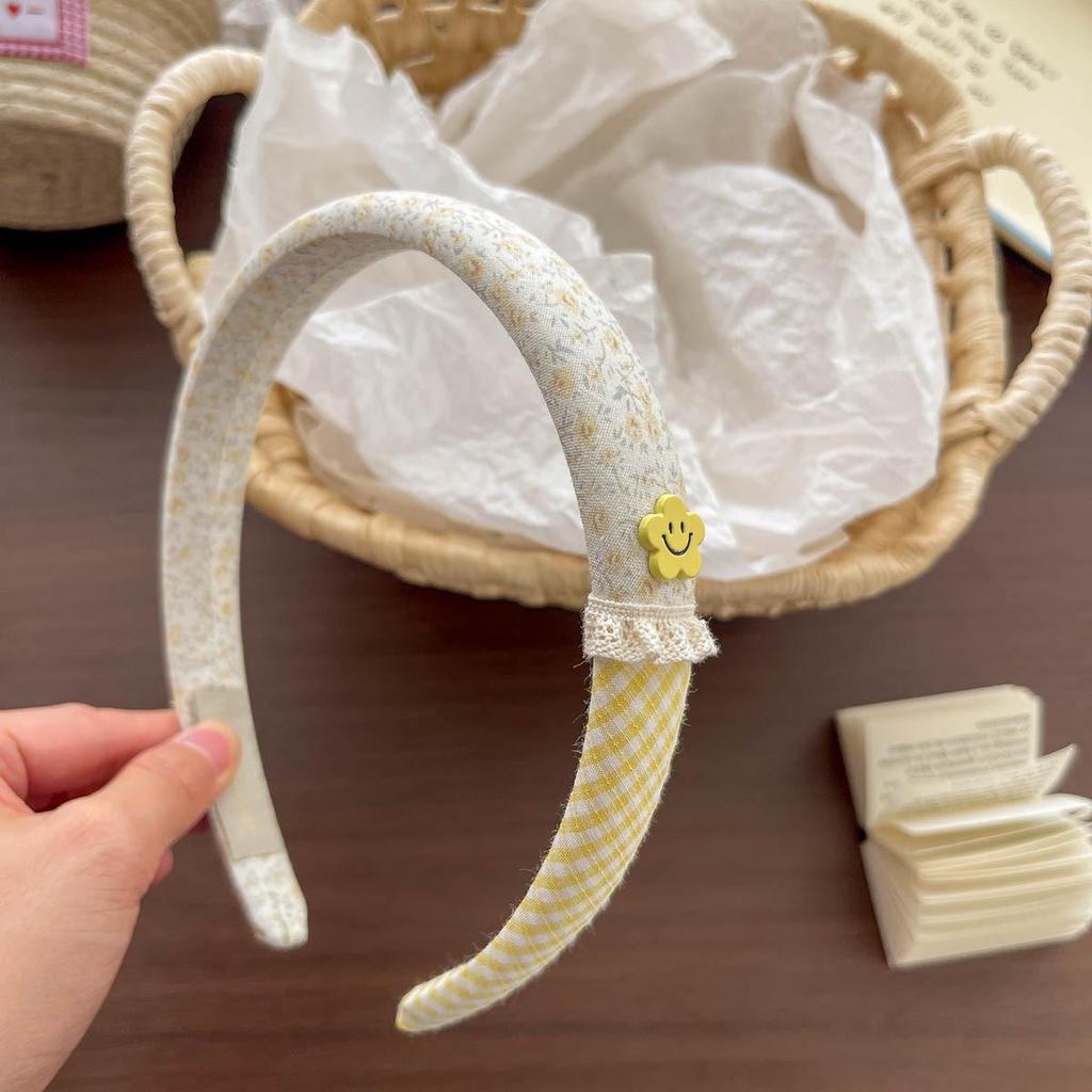 Korean Ditsy Floral Plaid Bunny Ear Hair Tie Headband for Kids - Sweet, Cute High Top Bun Accessory