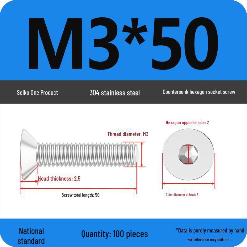 M2-M10 Stainless Steel Flat Head Machine Screws and Bolts Set, Countersunk Hex Socket Cap, 304 Grade.