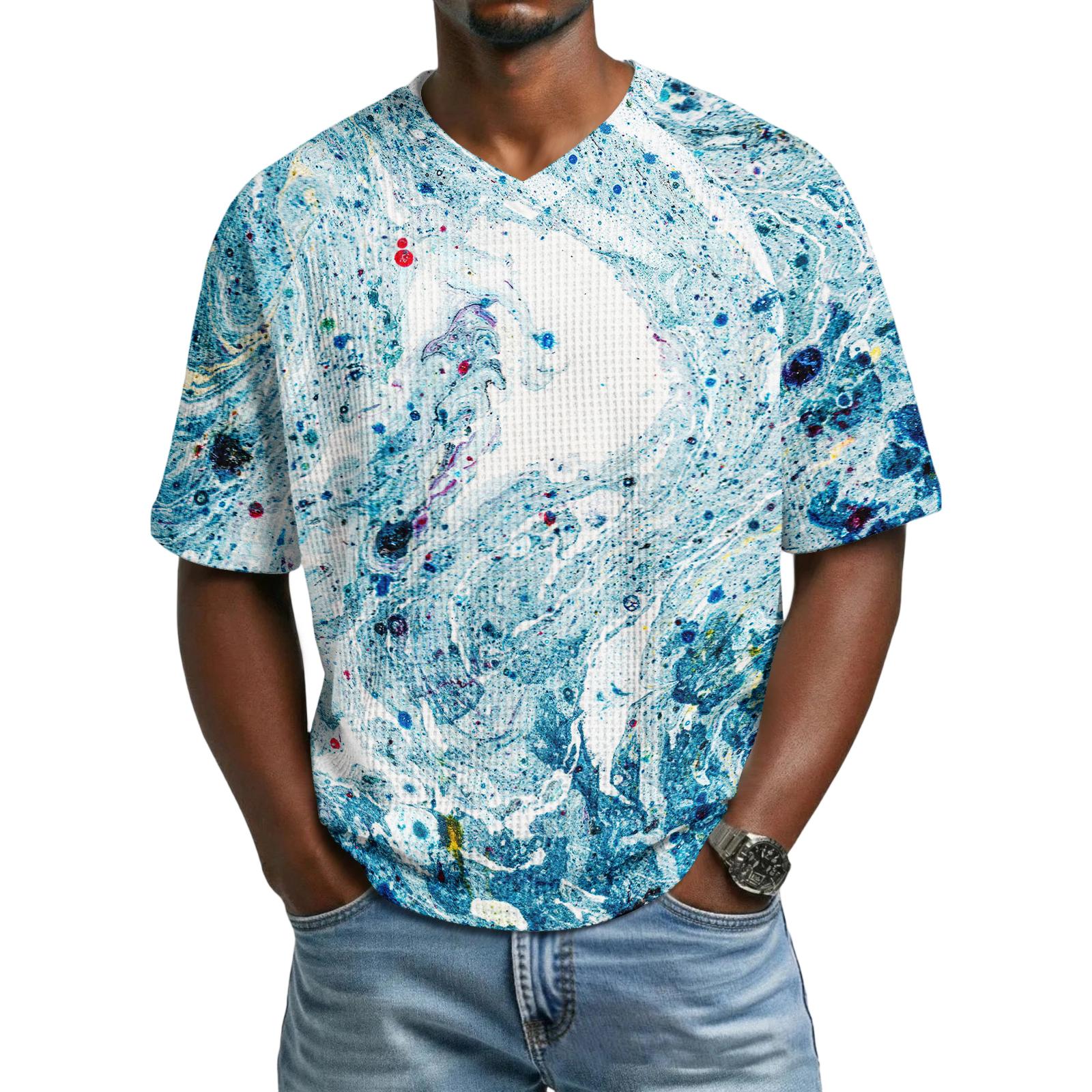 

Men s casual fashionable colorful splatter pattern printed shirt - Men s breathable V-neck short-sleeved shirt XXXL