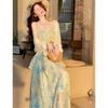 Summer new floral suspender dress simple commuter style splicing design long dress single piece middle-aged and young people