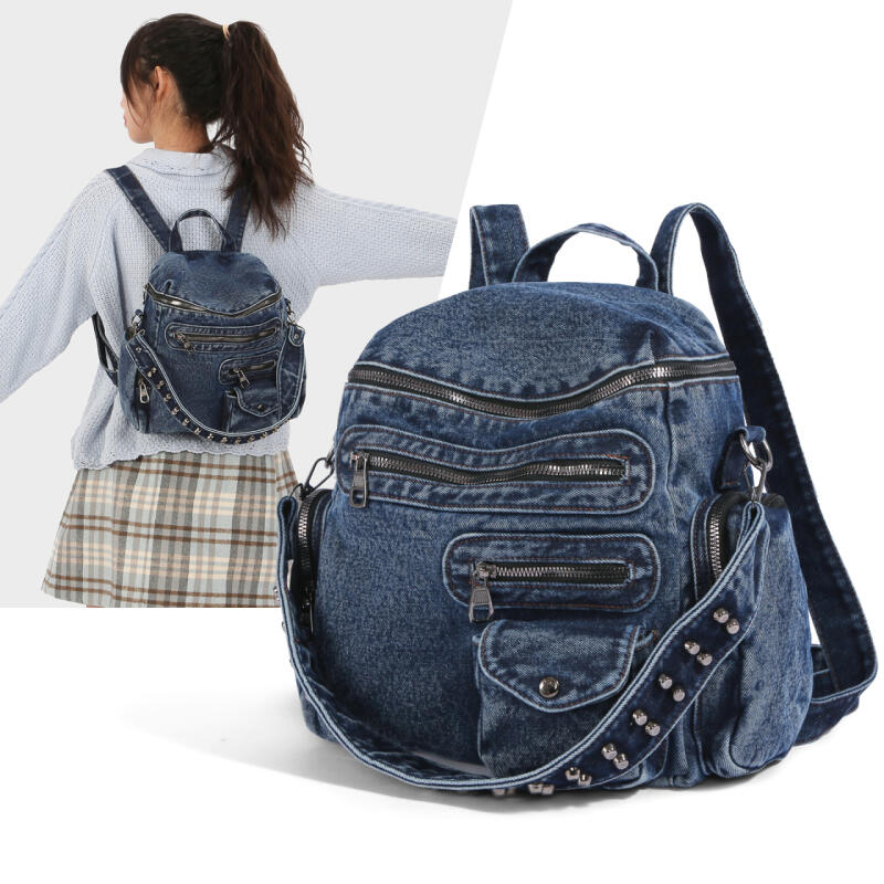 Vintage Denim Backpack Rivet Shoulder Bag Student Schoolbag Class Commuter Backpack