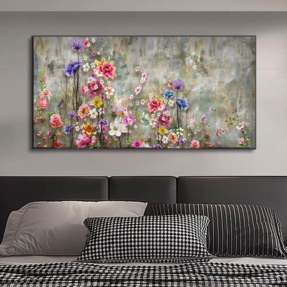 Abstrakte Orange Lila Blumen Leinwandmalerei Poster und Drucke Grüne Blätter Wandkunst Bilder für Modernes Wohnzimmer Cuadros Decor