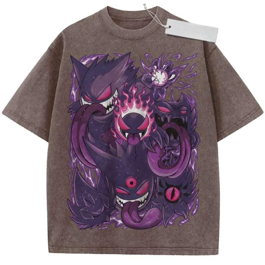 Vintage Washed Black TShirt Pokemon Anime Gengar Shadow Ball Print Purple Design Oversized Streetwear for Casual Daily Campus