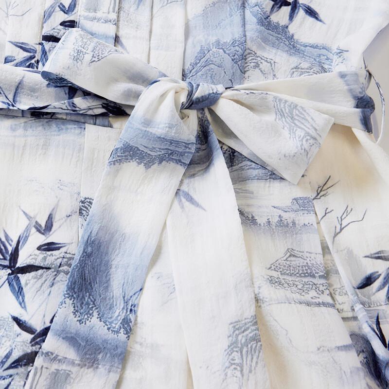 New Chinese Style Printed Tie-Waist Lapel Shirt Dress