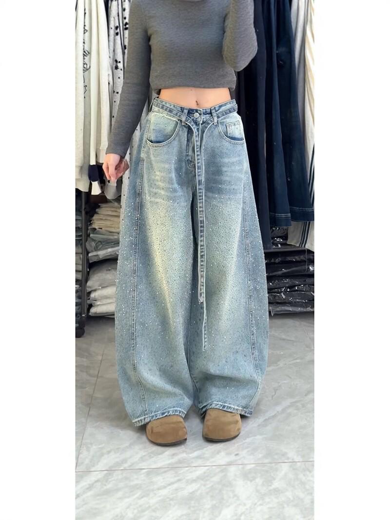 

Women s American Retro Diamond Inlaid Wide-Leg Jeans with Drawstring Design M светло-синий