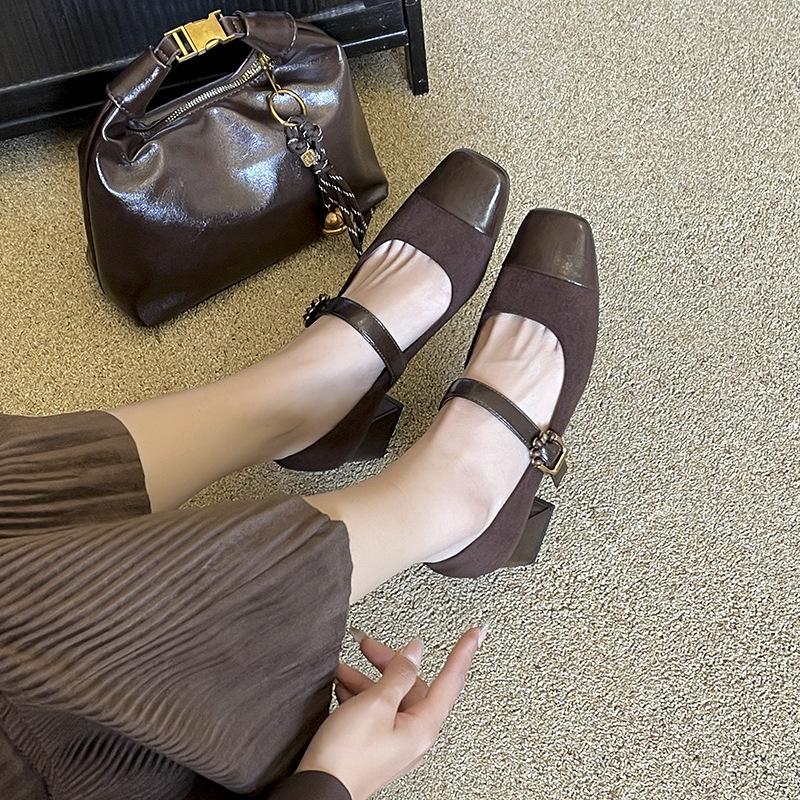 332-77 Cashmere splicing square head thick heel single shoes middle heel soft leather one-word buckle Mary Jane shoes spring and autumn