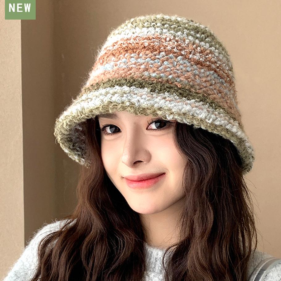 Colourful Knitted Bucket Hat Women Korea Autumn Winter Warm Dopamine Warm Fisherman's Hat Star Model Thickened