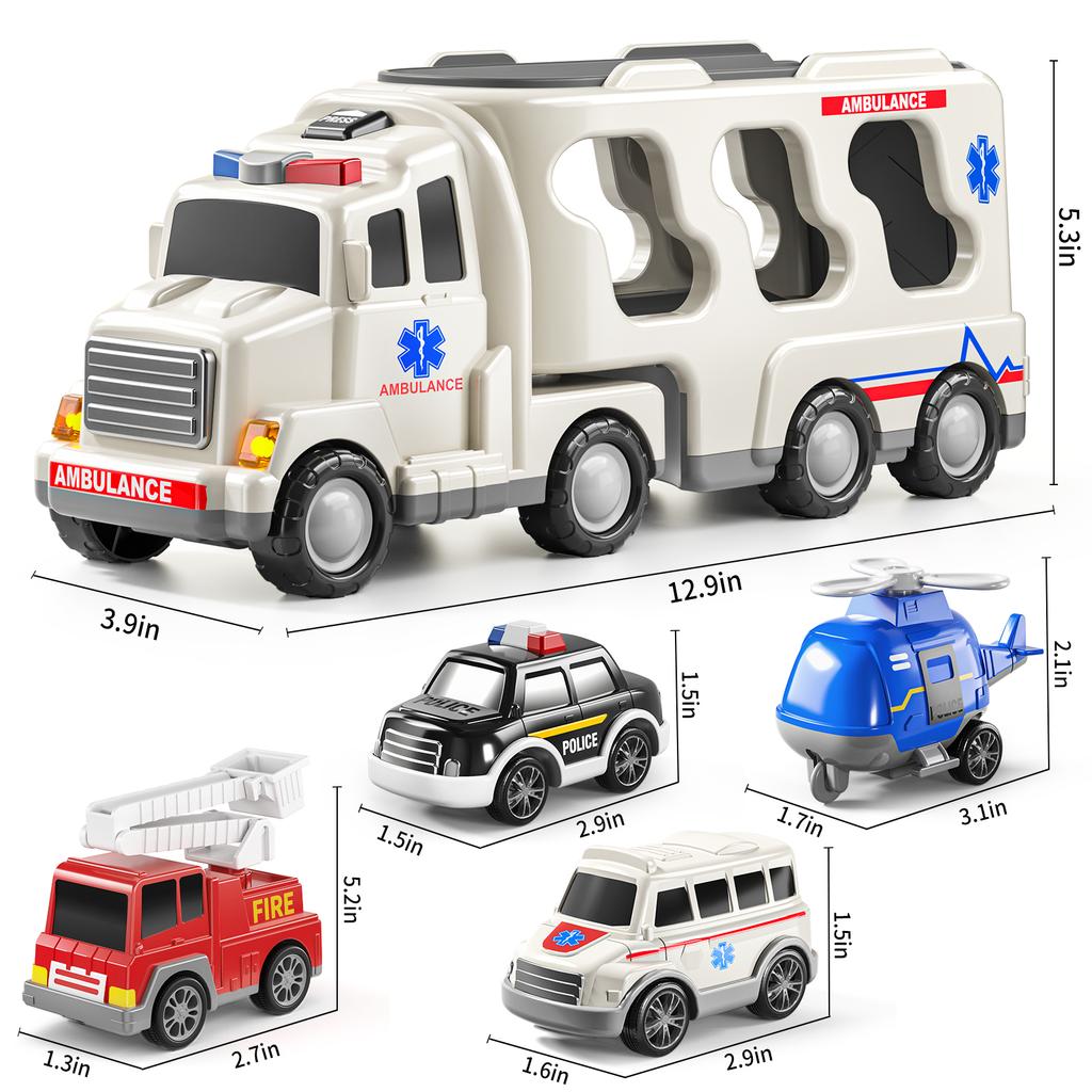 Ambulance 5 In 1 Truck Toys For 3 4 5 6 Years Old Boys Toddlers Kids Carrier Fire Trucks Cars For Boy Toys Birthday Gift Trucks