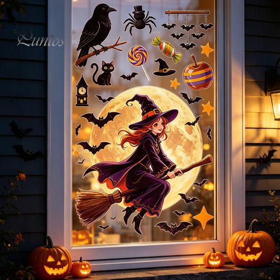 Home Window Ornaments Halloween Static Clings, Glass Stickers with Ghost Cat Bat Removable Holiday Decorations Patterns, Reusable Decals for
