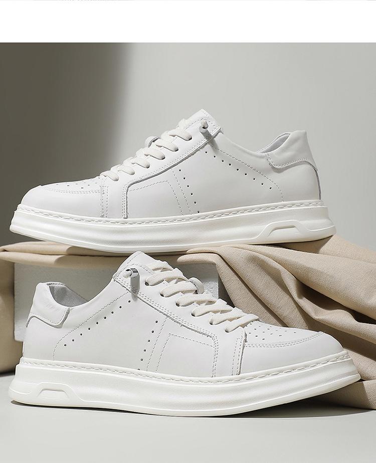 New Shoes for Men Cow Leather Casual Shoes Thick-soled White Flat Skateboard Shoes Youth Slip-on Sneaker