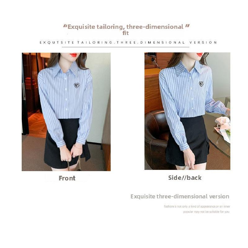 2026 New Women's Embroidered Cotton Shirt, Fashionable and Youthful Striped Long Sleeve Blouse