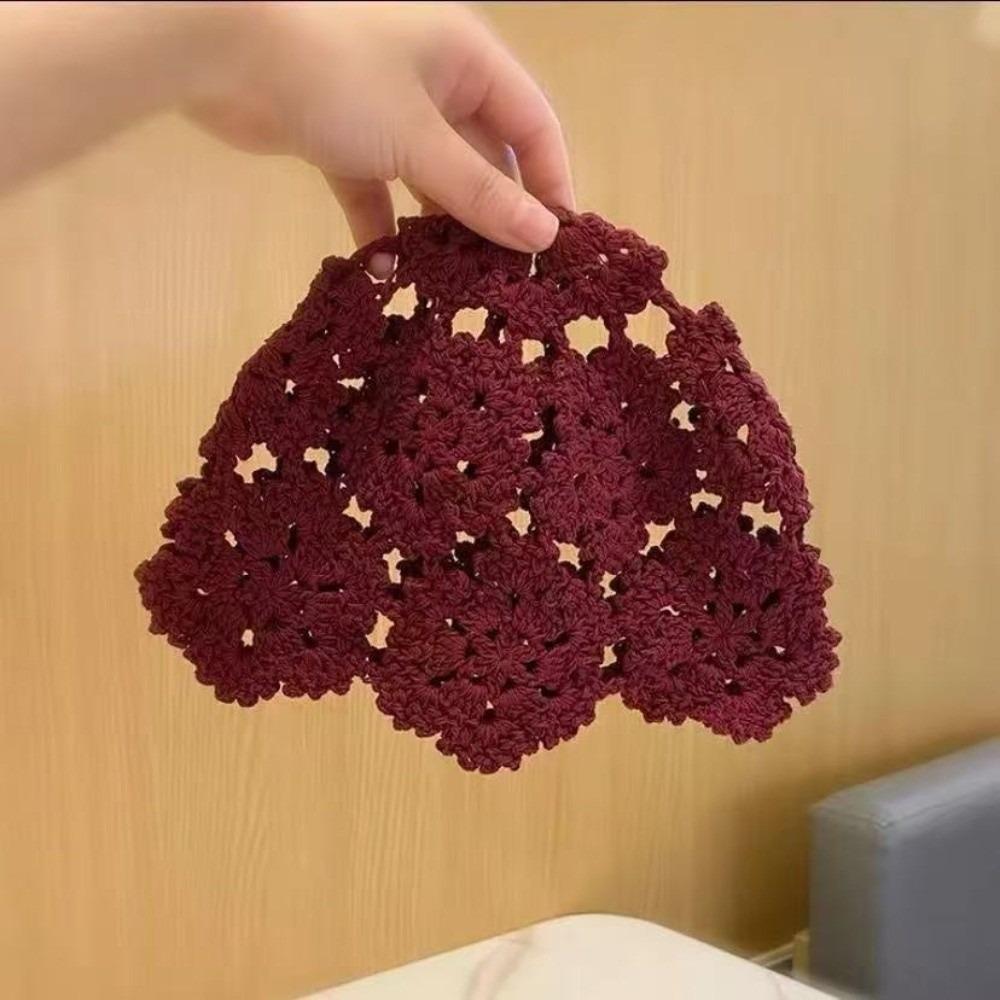 

Handmade Knit Skullies Caps Solid Color Beanies Cap Cute Crochet Flower Hat Women красный