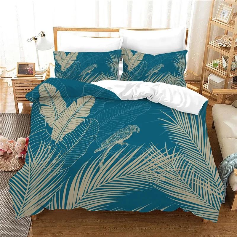 Comforter Print Leaves Bird Feathers Bed Sets Queen Size 100% Polyester Bedclothes 3Pcs Whole Set Peacock Bedding Set Bedroom