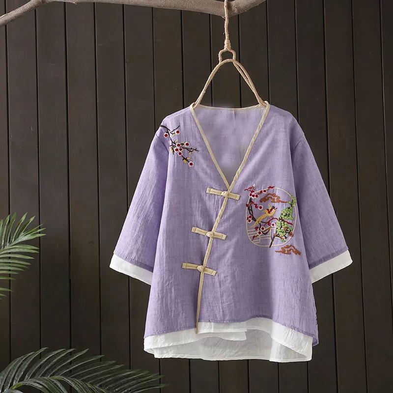 Embroidered V-Neck Chinese Style Buttoned Cardigan Dress – Women's Retro Five-Point Sleeve