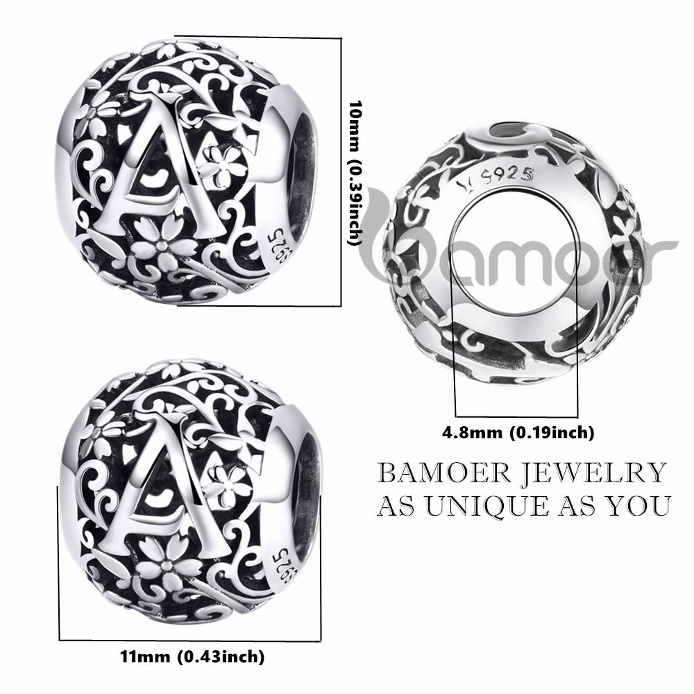 BAMOER 925 Silver Retro Letter Charms Hollowed Alphabet A-Z Round Beads for Women Bracelet DIY Jewelry Making