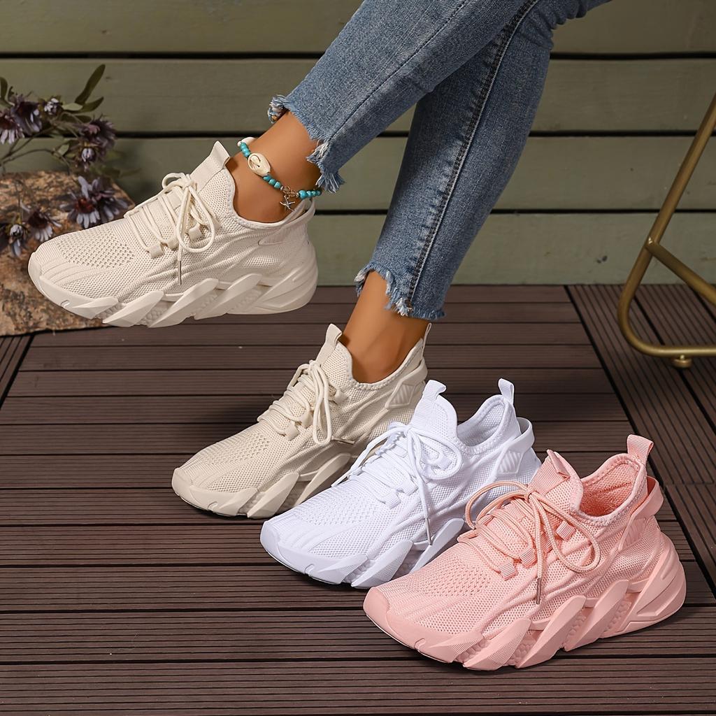 Women's Solid Color Casual Sneakers, Mesh Lace-Up Fly-Woven Breathable Running Shoes, Lightweight and Comfortable Low-Top Casual White Shoes