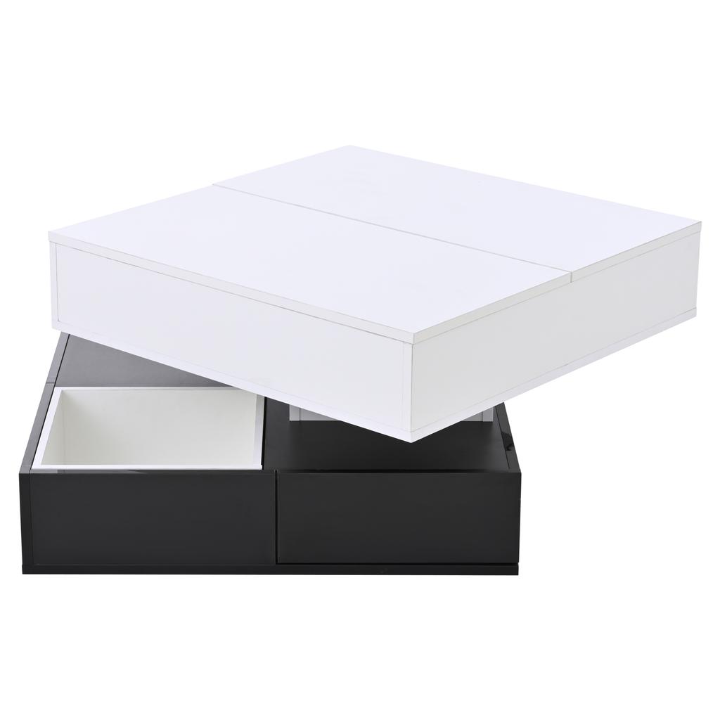 70*70*40cm Coffee Table with 360 degrees Rotating Tabletop, Double-Layer Living Room Table with 3 Drawers, Liftable Sofa Table, White+Black