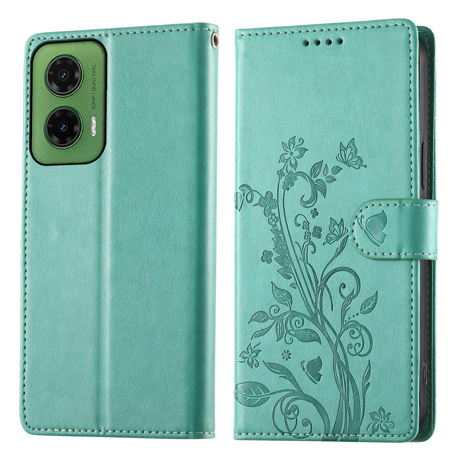 

For Motorola Moto G35 5G Wallet Case Butterfly Floral Imprint PU Leather Phone Cover with Wrist Strap Green