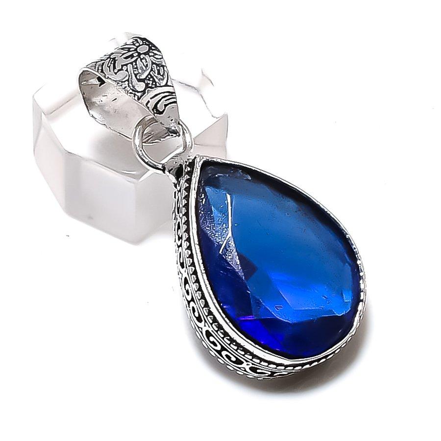 London Blue Topaz Gemstone 925 Steling Silver Jewelry Pendant 1.77" c1K89