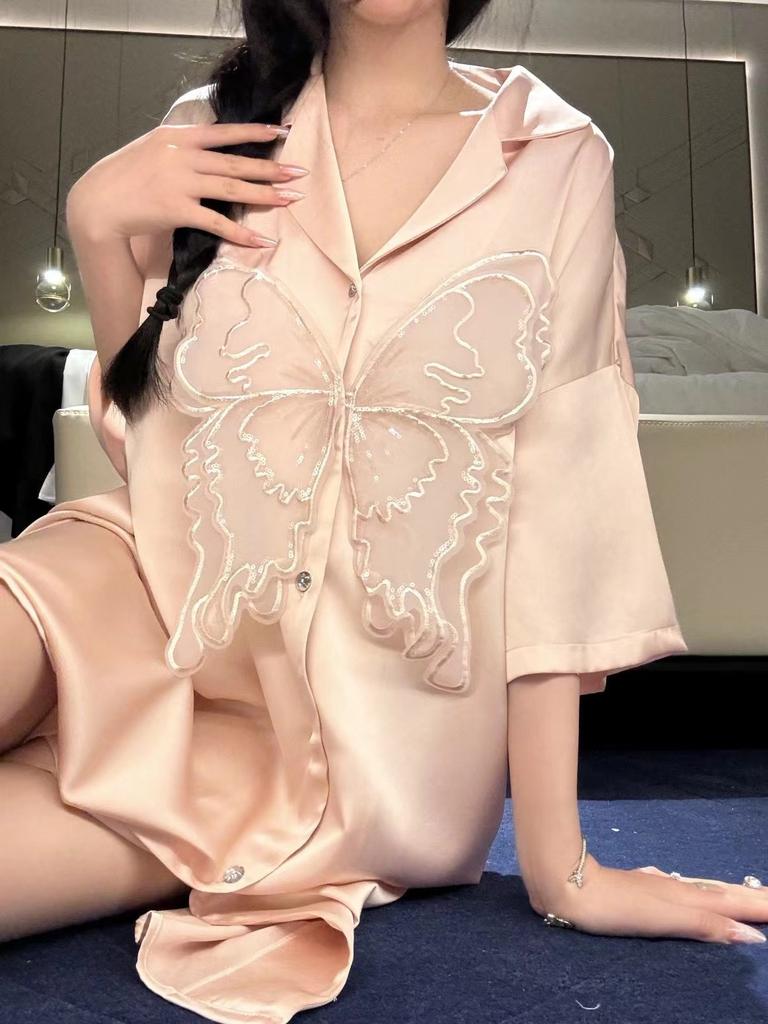 Sexy Pajamas Women's Summer Shirt Pajamas Summer Women's New Lace Short Sleeves Large Size Outer Wear Advanced Sense