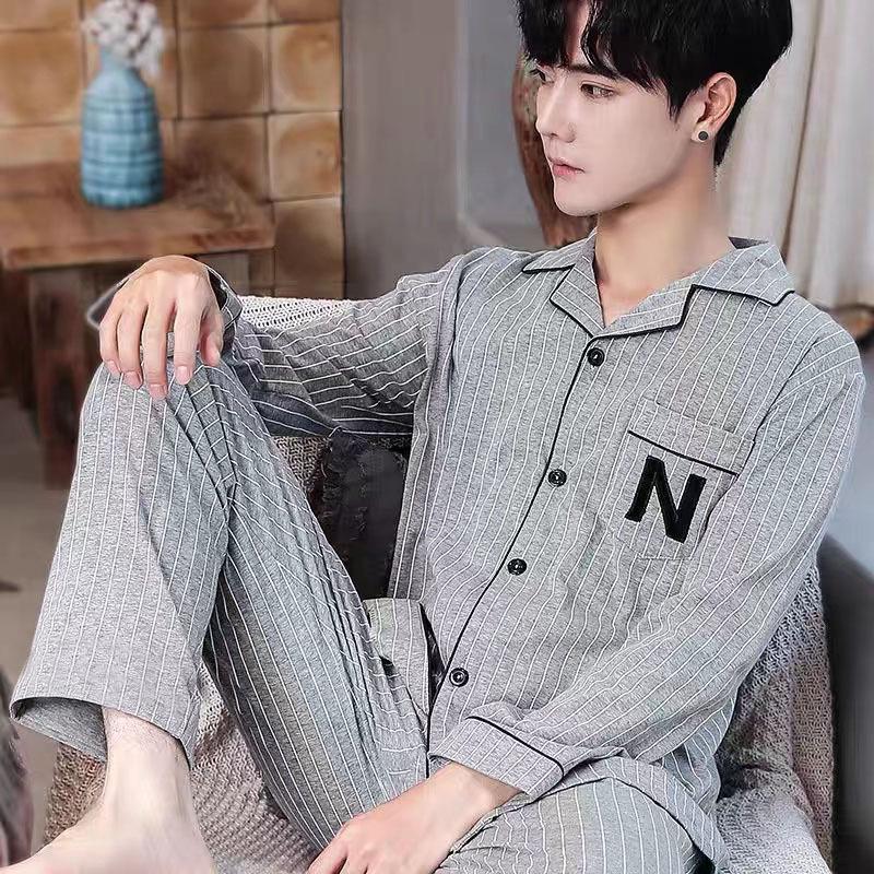 Men s Cotton Long Sleeve Pajama Set - Cardigan & Pants for Spring/Autumn XXL