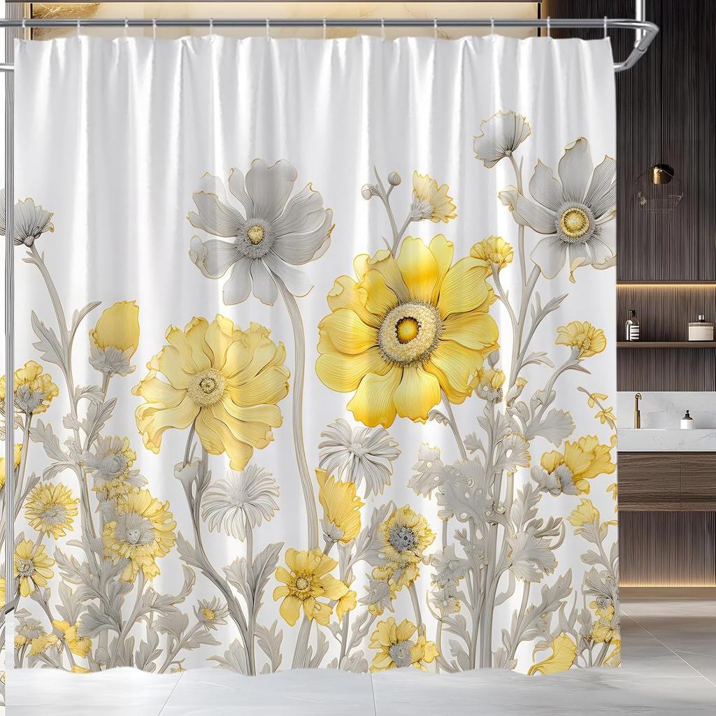 Yellow Grey Floral Shower Curtain Watercolor Flower Leaves Rustic Farmhouse Nature Plant Abstract Modern Home Fabric Bathroom Decor Set Include