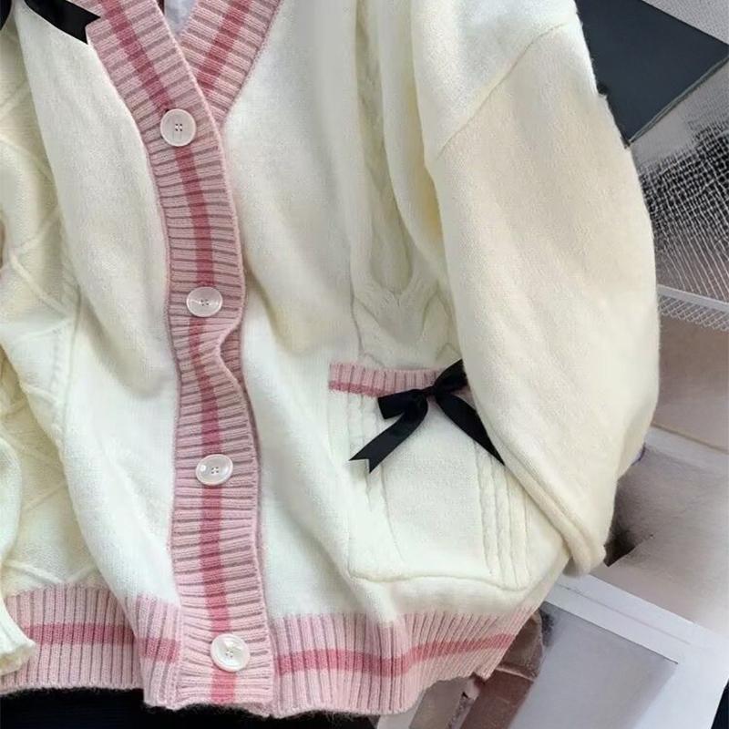 Cardigan Dolce Casual con Fiocco Donna Autunno Inverno Stile Giapponese Classico Preppy Cappotti Lavorati a Maglia Y2K Vintage Colore a Contrasto Top con Scollo a V