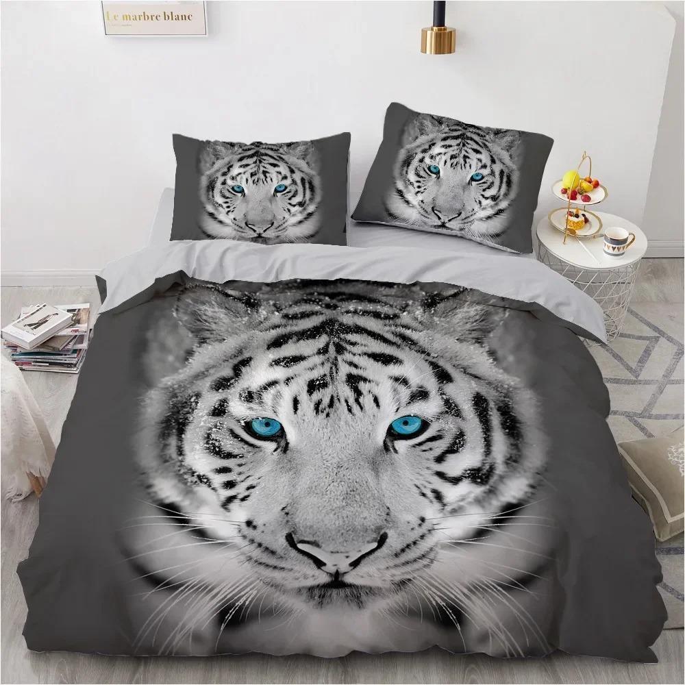 3D Bedding Set Black Duvet Quilt Cover Set Comforter Cover Pillowcase King Queen Size Animal Tiger Printed Polyester Quilt Cover
