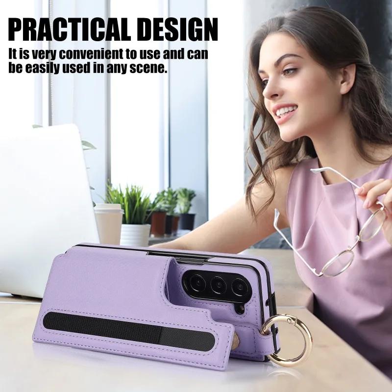 Skórzane etui na telefon z pierścieniem dla Samsunga Galaxy Z Fold 6 5 4 3 Fold6 Fold5 Fold4 Fold3 Portfel z uchwytem na rysik i przegródką na karty (Brak długopisu)