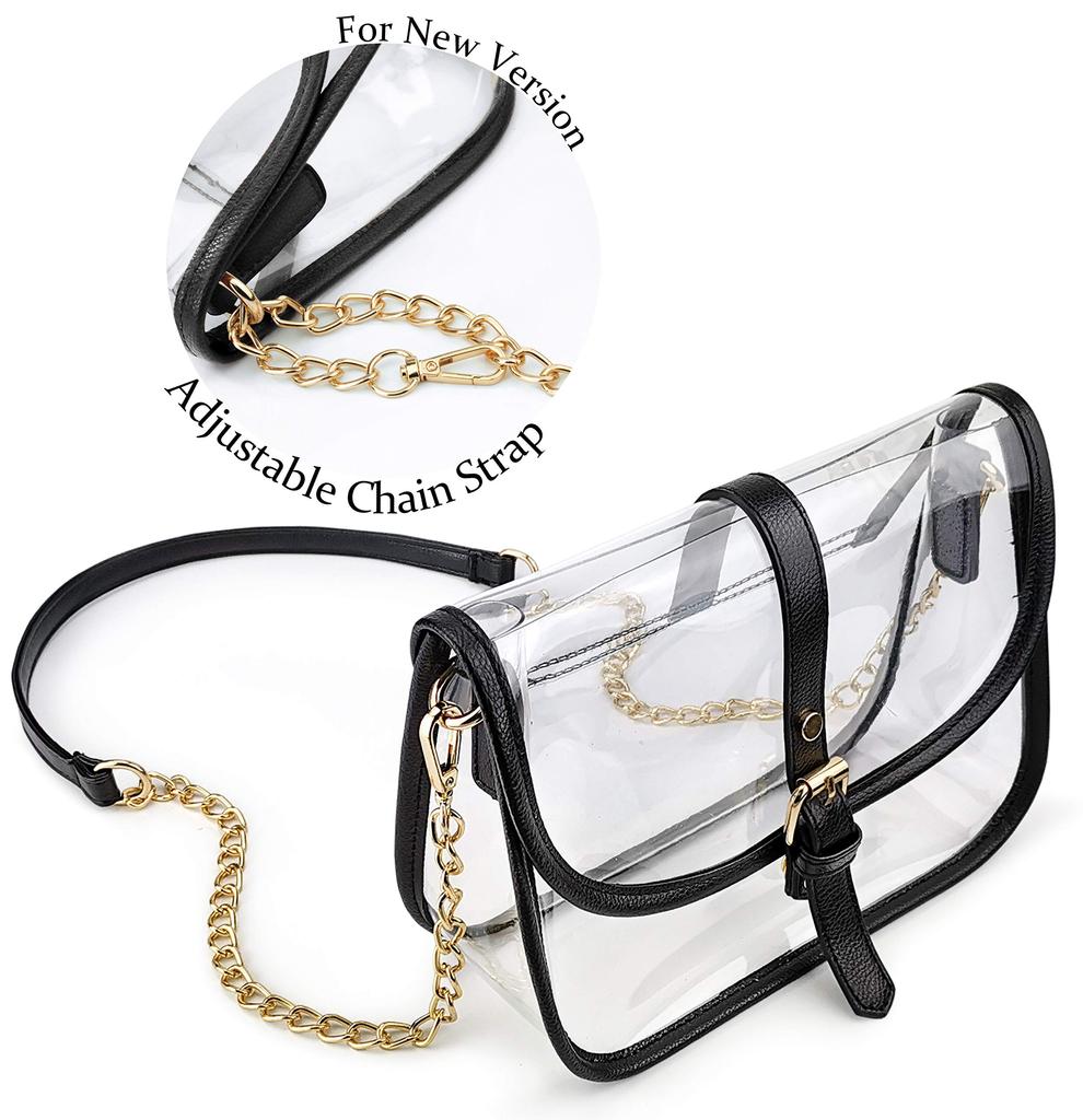 Klare Sattel Crossbody Tasche, Damen Ketten Schultertasche Handtasche, Geldbörse, Schwarz, Mittel