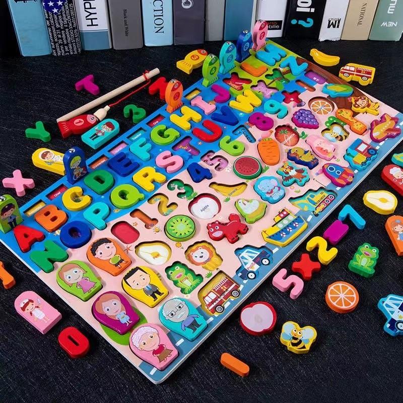 Wooden Cartoon Ocean Fishing Cartoon Number Letter Traffic Shape Matching Logarithm Board Cognitive Toy for Kids