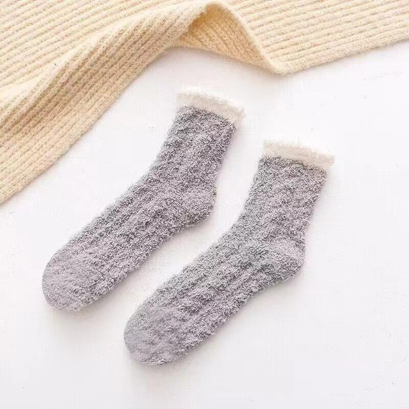 Women's Autumn and Winter Striped Coral Fleece Sleep Socks Thickened Warm Mid-Calf Home Socks Simple Floor Socks