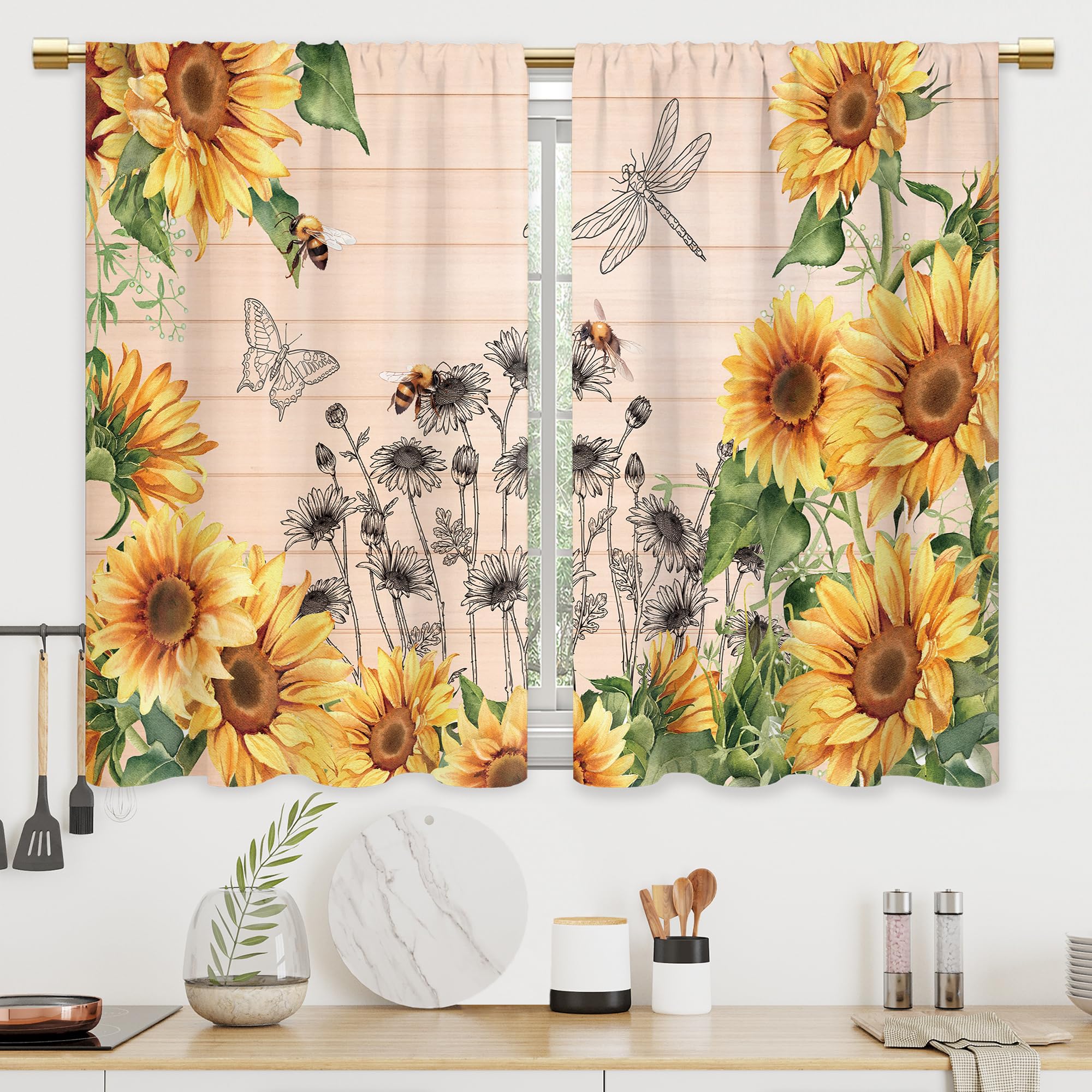 

2 Panels Floral Curtains Wildflower Rod Pocket Colorful Leaves Spring Nature Rustic Bedroom Living Room Treatment Fabric 27.5x39in